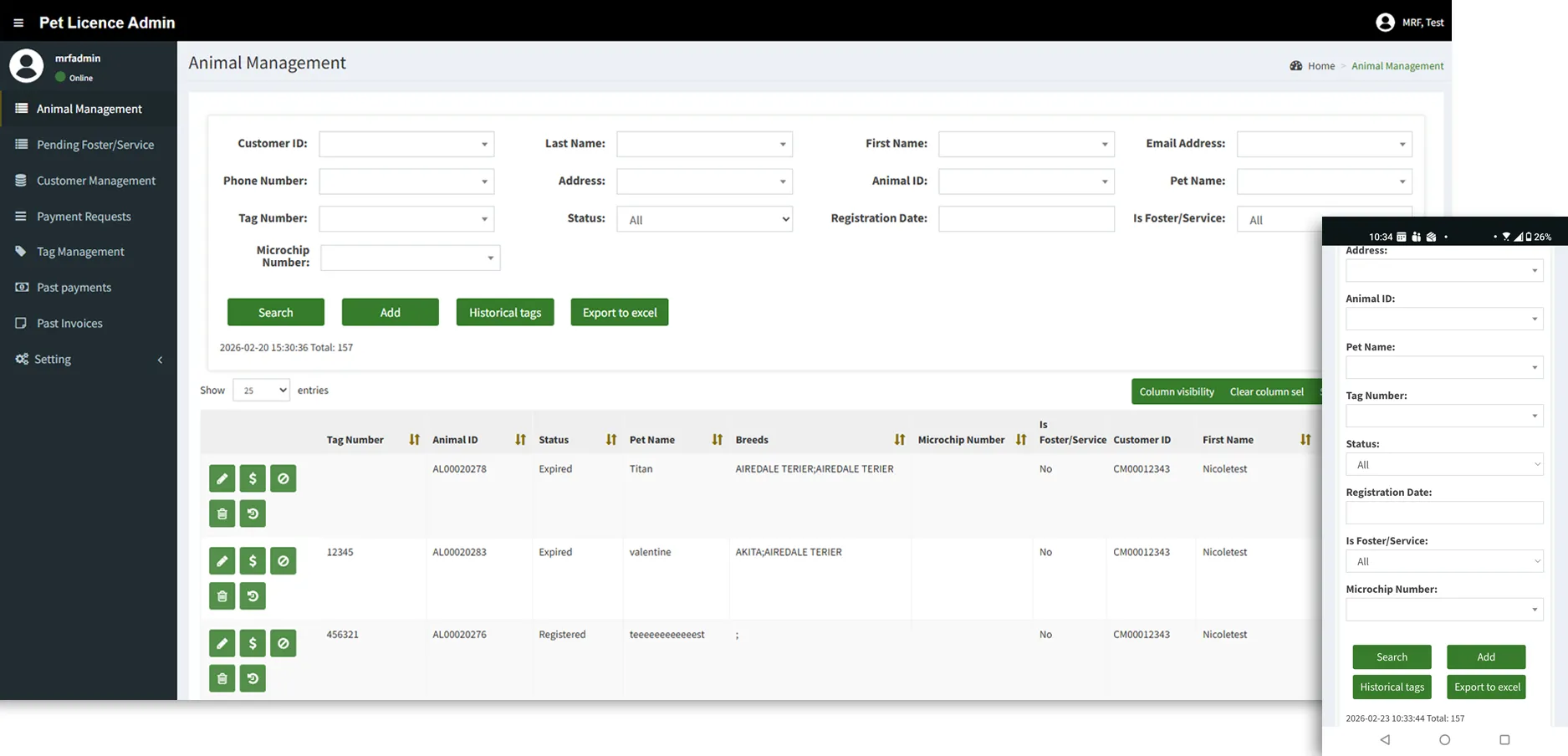 Animal licensing admin dashboard with animal, customer and tag management menus