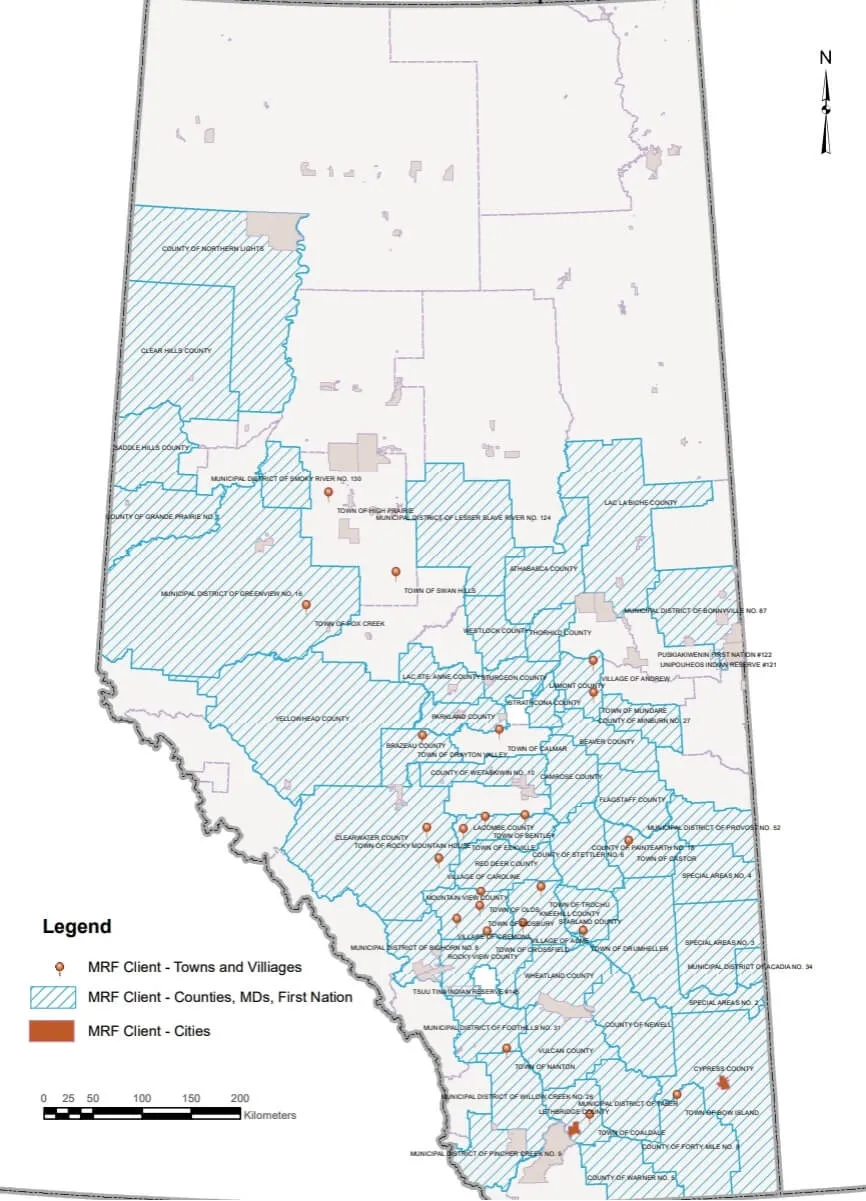 Map of Alberta highlighting the municipalities that use MRF solutions