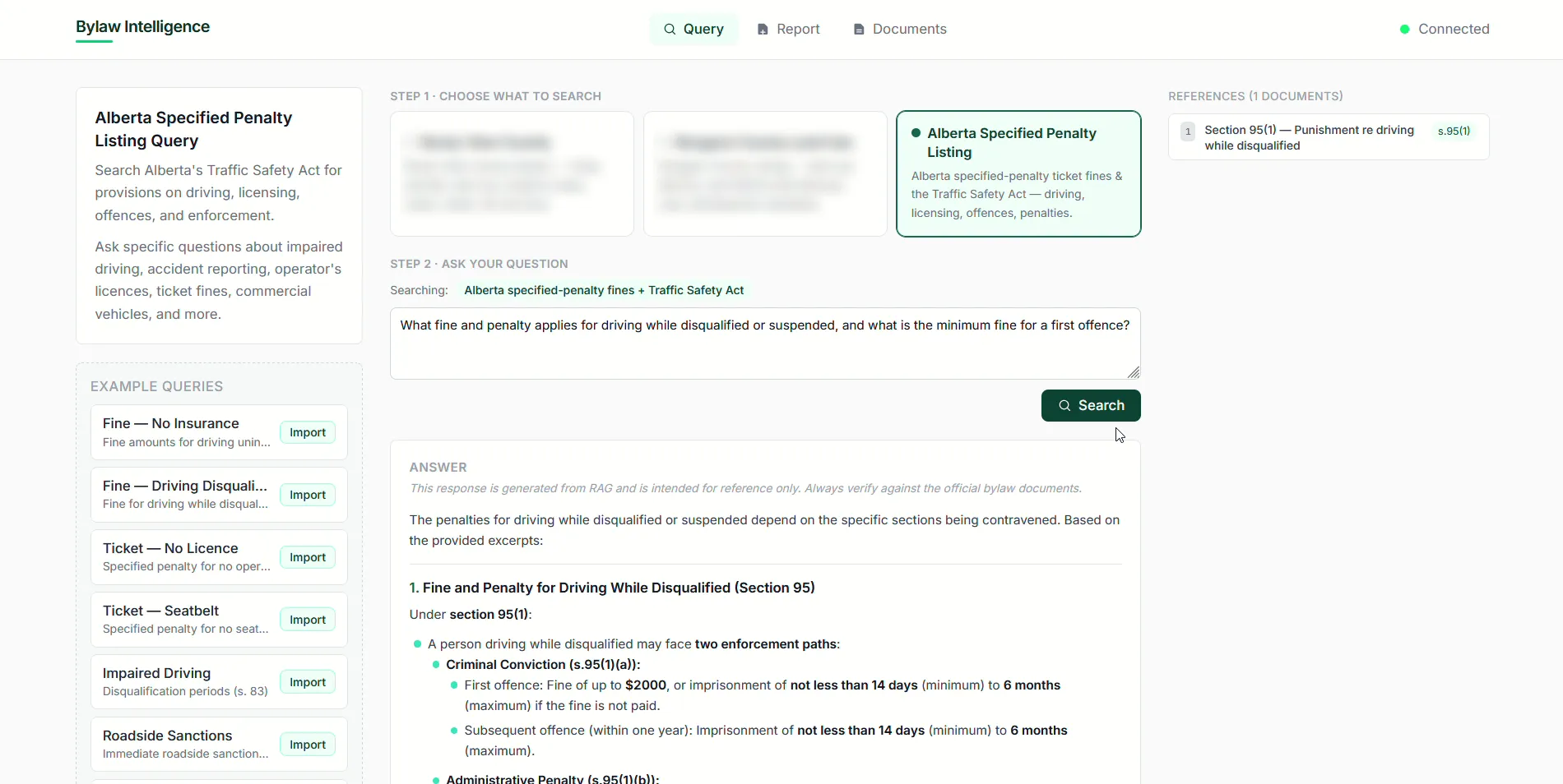 MRF Bylaw Intelligence answering a question about the fine for driving while disqualified, with the referenced section of the Traffic Safety Act listed alongside