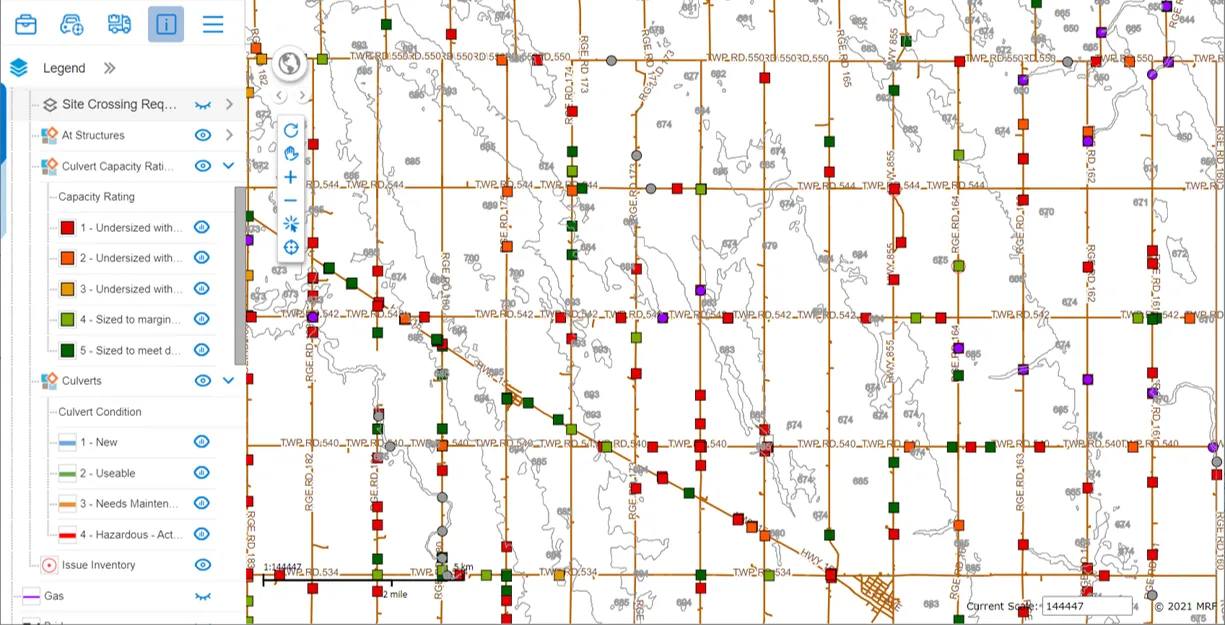 MRF Web Map of a rural road network with culverts colour-coded by capacity rating, from undersized to sized to meet design, and culvert condition layers in the legend