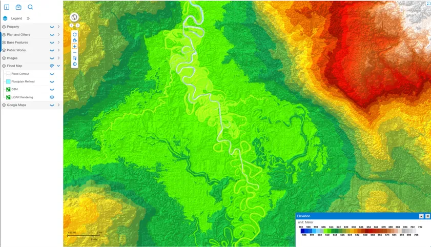 MRF Web Map elevation map with a river valley floodplain coloured by height from green to red and white, flood map layers in the legend, and an elevation colour legend in metres