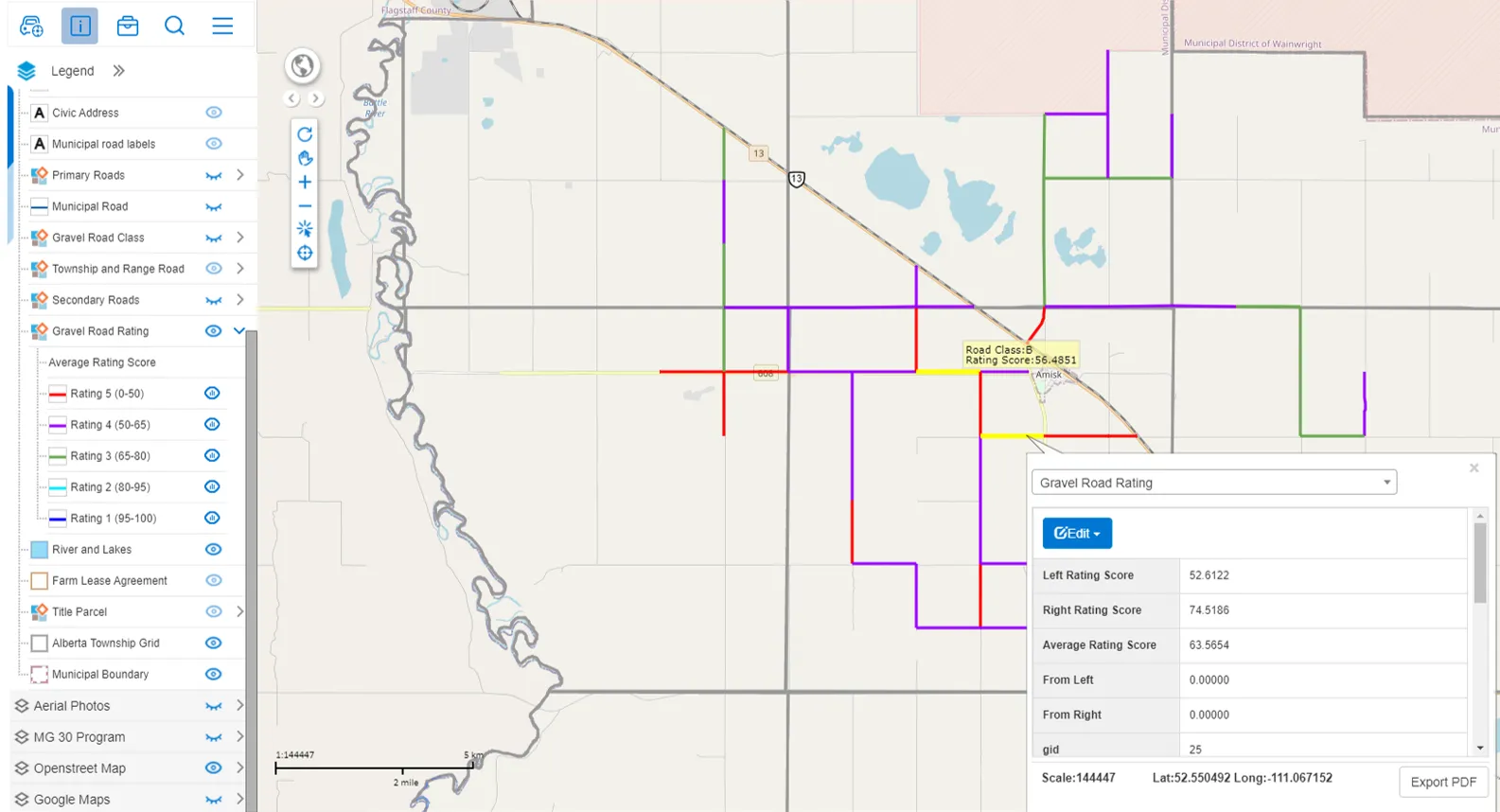Gravel road rating map in MRF Web Map, with roads coloured from Rating 1 to Rating 5 and a record showing left, right and average rating scores