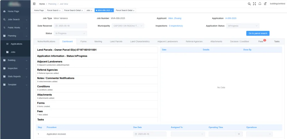 MRF Planning Portal job view for a minor variance application, with job details, tabs for notifications, forms, meetings, land parcels, adjacent landowners, referral agencies, attachments, decision, fees and tasks, a dashboard summarizing each, and the procedure steps with due dates and assignees