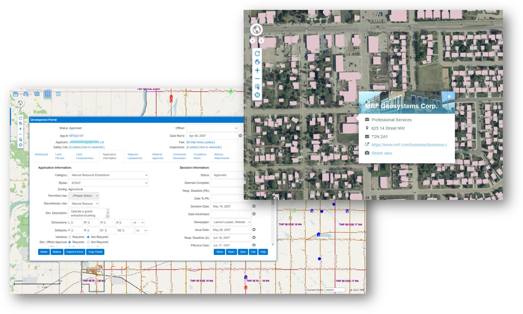 A development permit open over MRF Web Map, with application and decision information, beside a map popup for a property