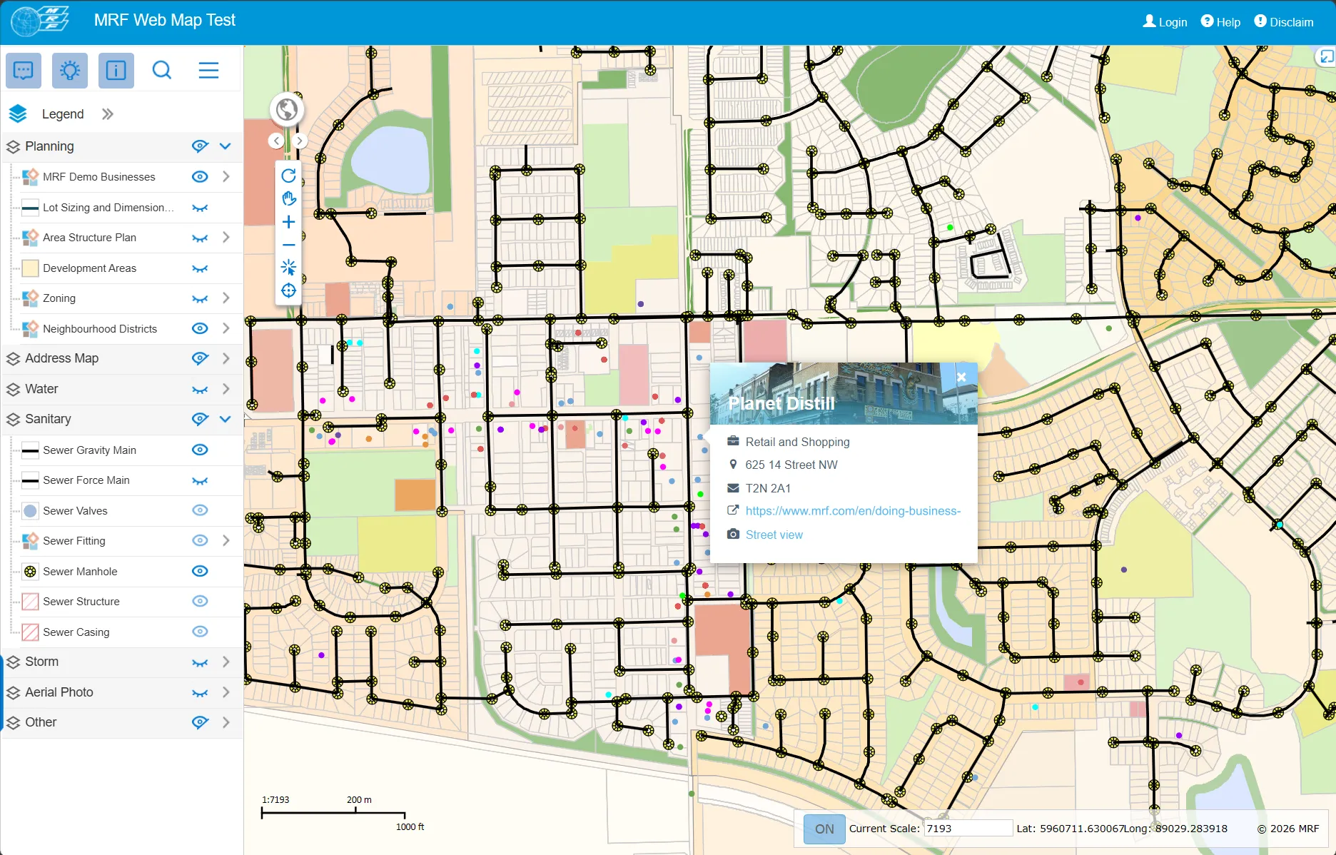 MRF Web Map of a town with the legend open on planning and sanitary layers, showing sewer mains and manholes over a parcel map with land-use areas, and a business pop-up with a photo, category, address, website link and street view link