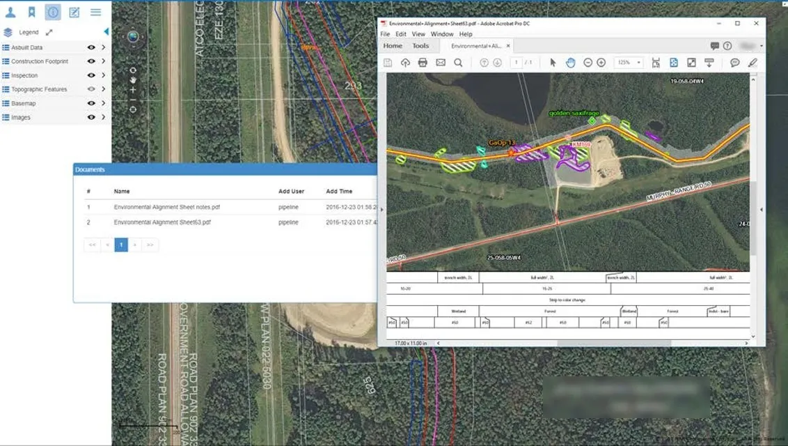 MRF Web Map over aerial imagery of a pipeline right-of-way with as-built, construction footprint and inspection layers, a Documents window listing environmental alignment sheets attached to the pipeline, and an alignment sheet PDF open showing the route and environmental features