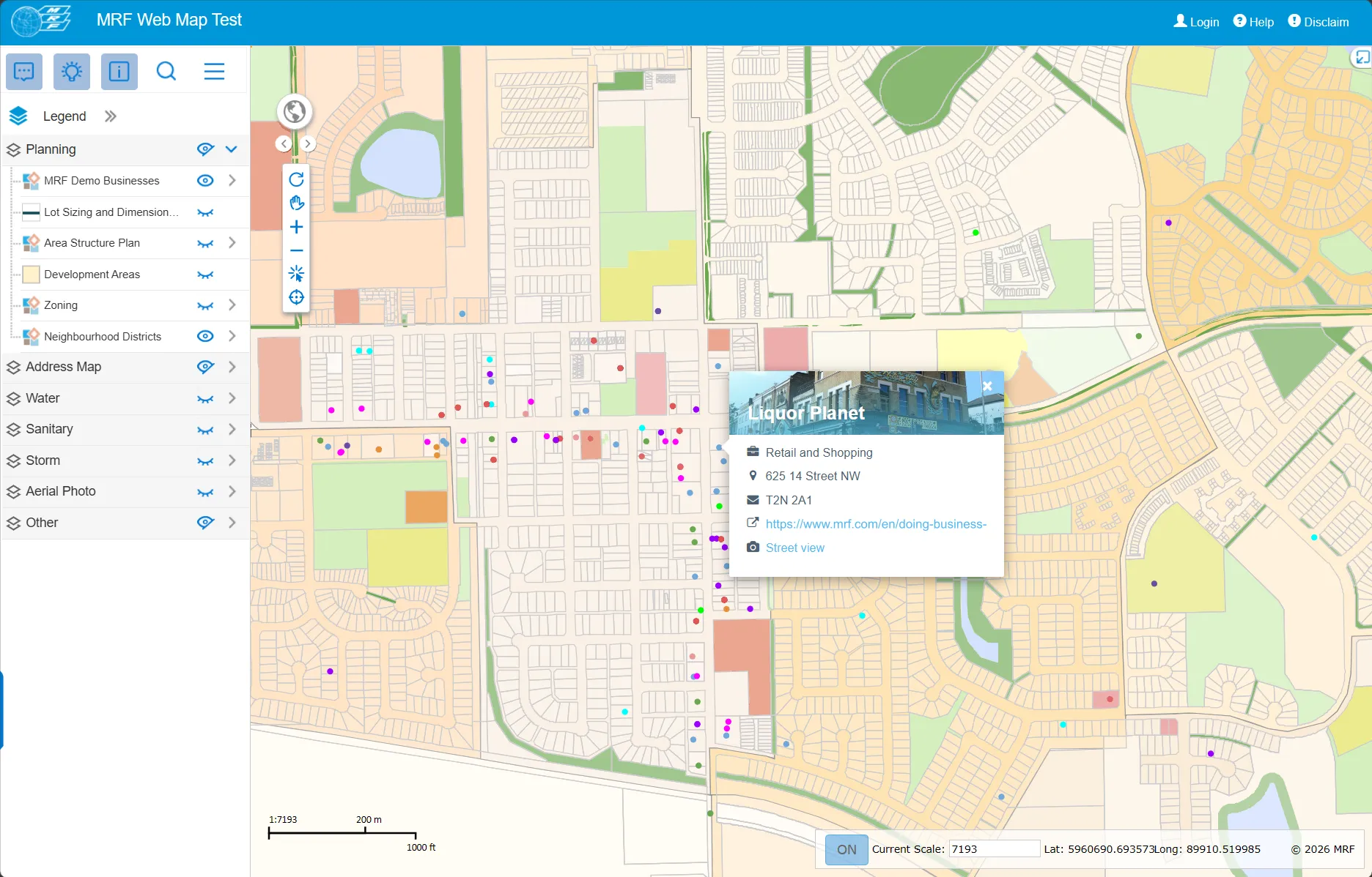 MRF Web Map of a town with the legend open on planning layers such as businesses, lot sizing, area structure plan, development areas, zoning and neighbourhood districts, and a business pop-up with a photo, category, address, postal code, website link and street view link