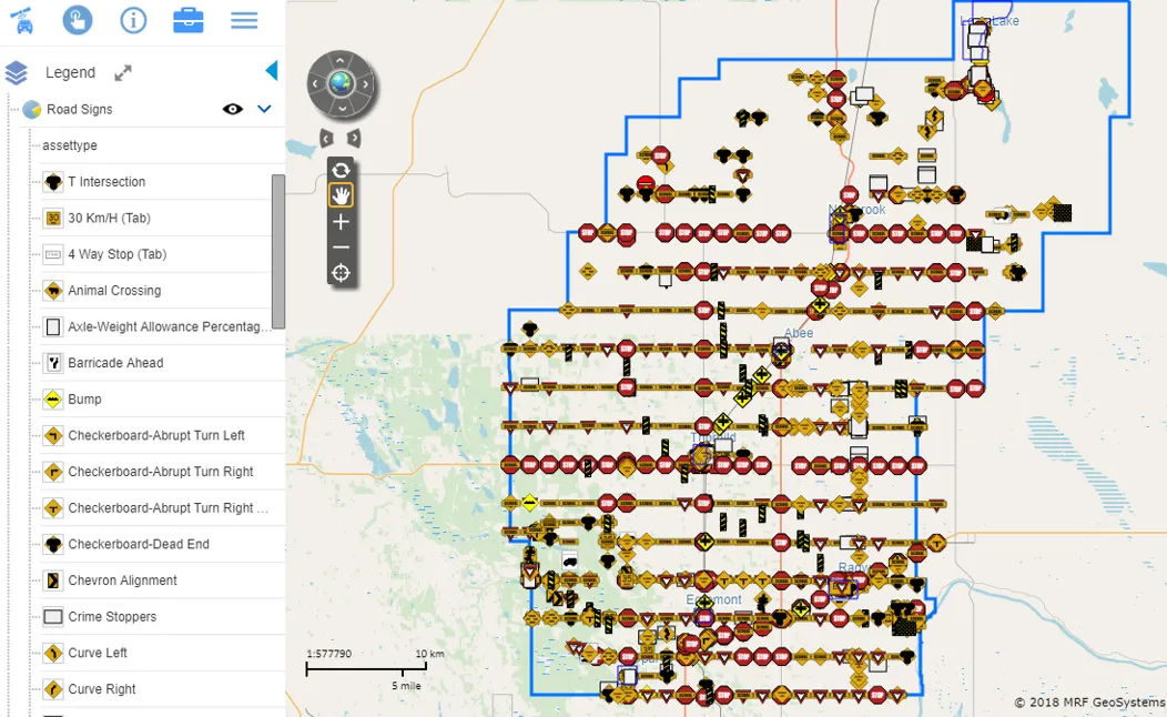 MRF Web Map of a county with road sign assets shown as sign symbols along every road, and the road sign types listed in the legend