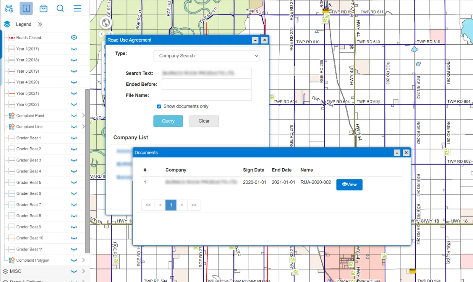 Road Use Agreement search by company over the road network, with a Documents window listing an agreement's company, sign date, end date and agreement number, and grader beat and road closure layers in the legend