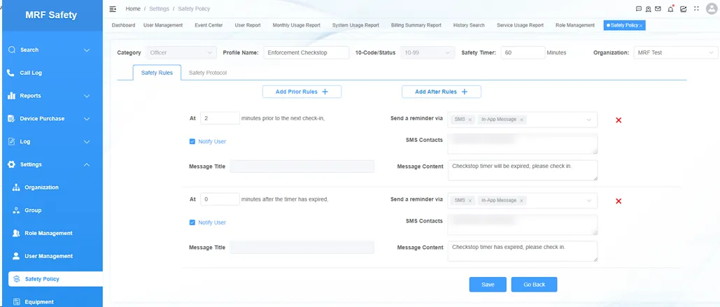 MRF Safety policy editor for an enforcement checkstop profile, with a 60-minute safety timer and rules that send SMS and in-app reminders before and after the timer expires