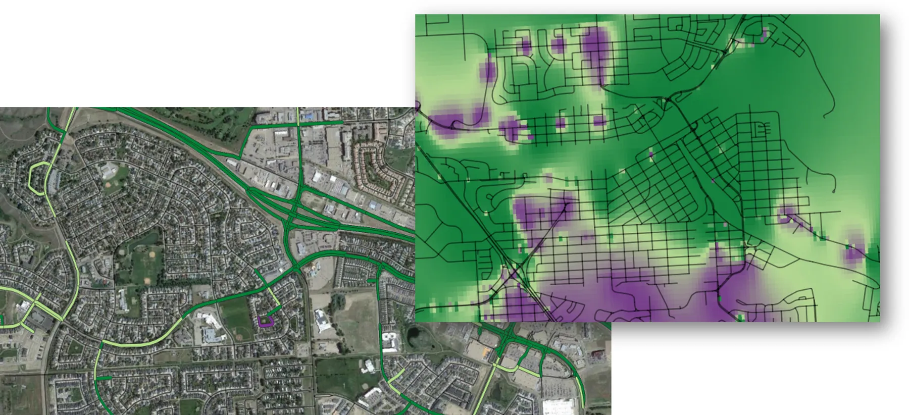 Signal strength map, with roads on aerial imagery coloured by measured cellular signal from dark to light green, and a street-level signal strength surface over a town's road network, from strong green to weak purple