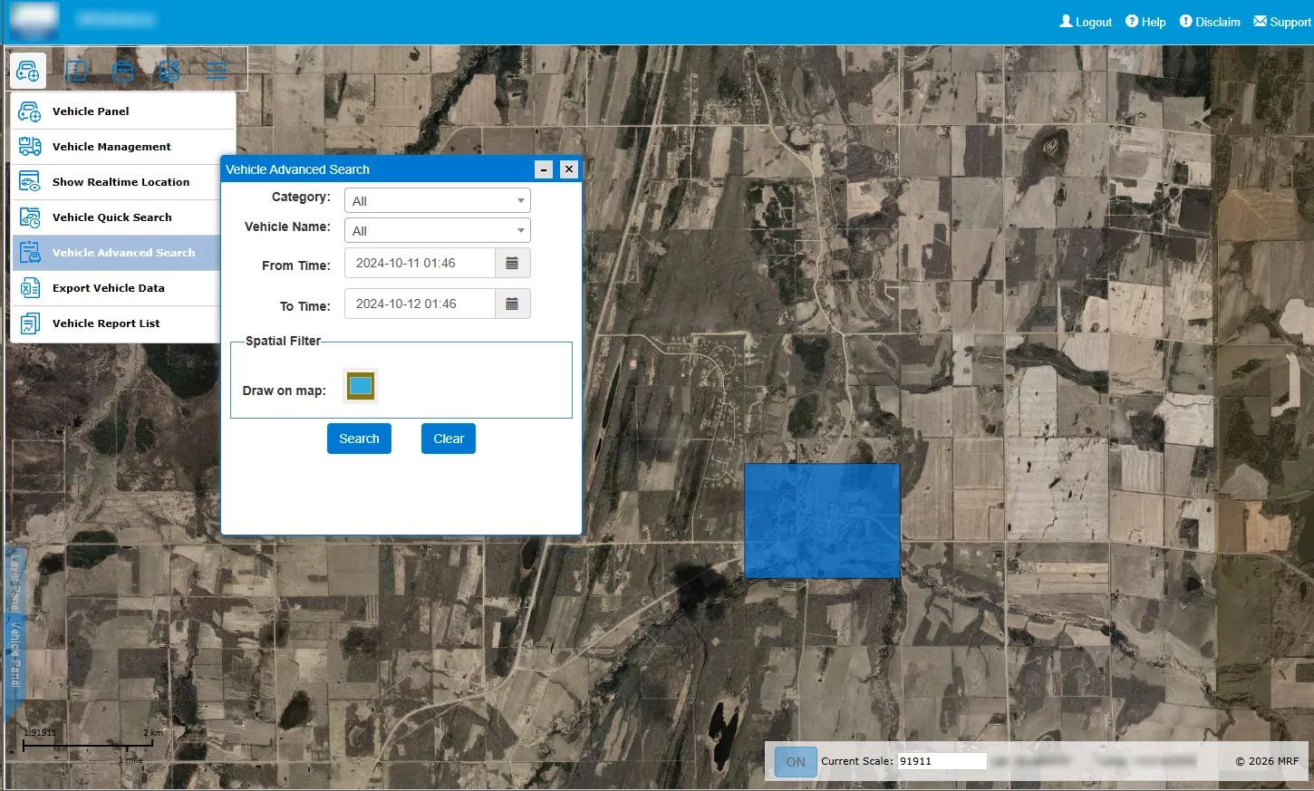 Vehicle Advanced Search window with category, vehicle name and time range filters and a draw-on-map spatial filter, over aerial imagery with an area of interest drawn in blue, beside the tracking module menu