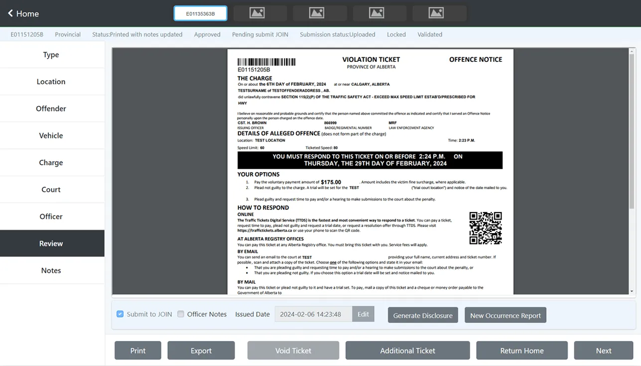 E-Ticketing application issuing a bylaw ticket with auto-completed offender details