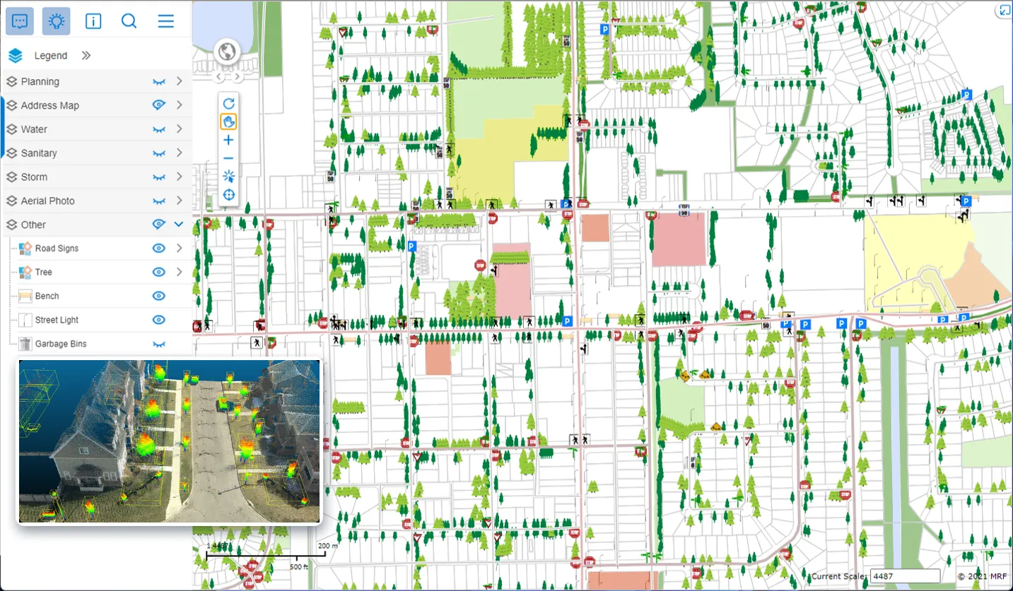 MRF Web Map of a town with tree, road sign, bench and street light layers shown as symbols along every street, and an inset of a LiDAR point cloud in which individual trees are detected and outlined with bounding boxes