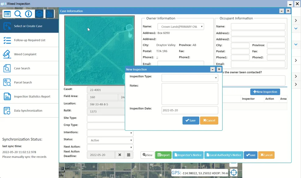 Weed Inspection version 3 case information screen with owner details, a new inspection form and buttons for reports and notices