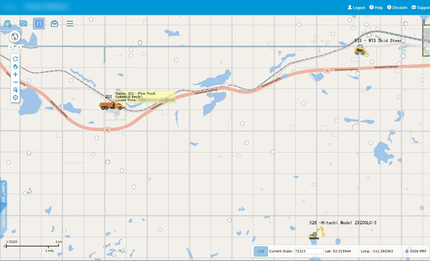 MRF Web Map with a plow truck, a skid steer and an excavator shown with their unit names, and a map tip on the plow truck showing its name, speed and locate time
